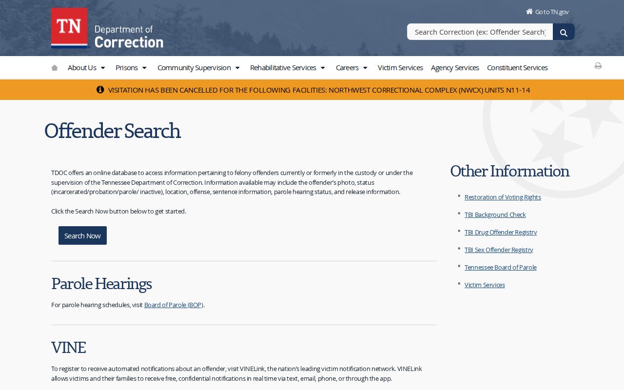 Tennessee TDOC FOIL offender search for Scott County arrest follow-up